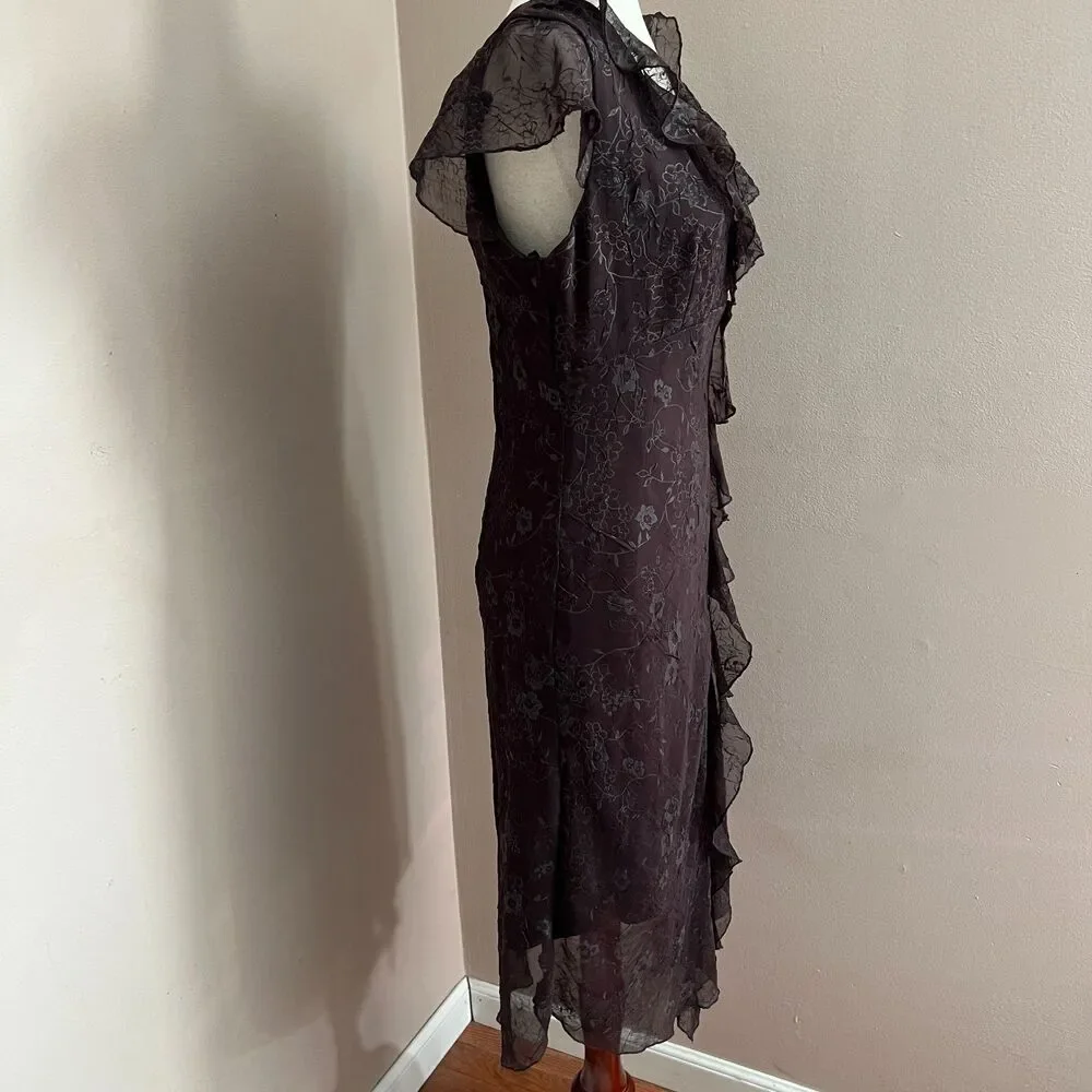 Fairy Grunge Vintage‎ CDC Brown Ruffle Midi Dress Floral Moody Whimsigoth Size 8